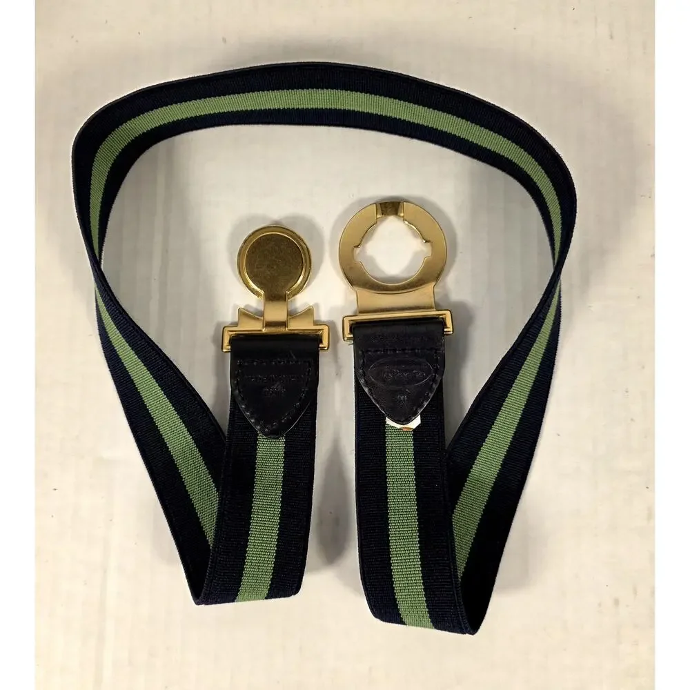 Talbots VTG Crest Buckle Elastic Stretch Belt Navy Green Stripe Medium Preppy